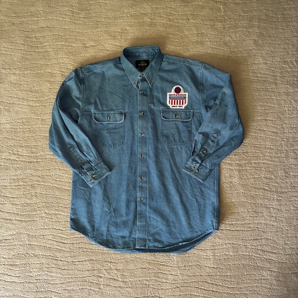 Vintage Mens XL Red Head Smith & Wesson Patch Denim Button Up Western, Bikercore